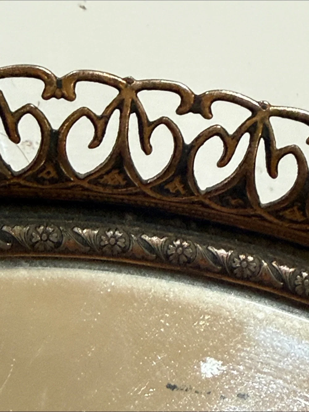 Vintage Ormolu Ornate Gold Brass Glass Jewelry Trinket Box & Round Mirrored Tray